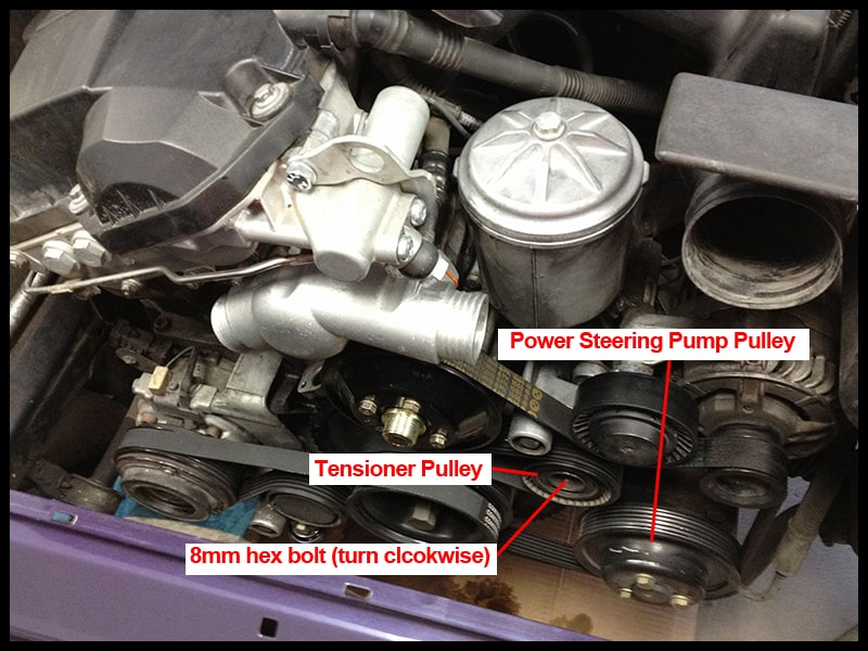BMW E36 power steering pump - loosen the tensioner pulley