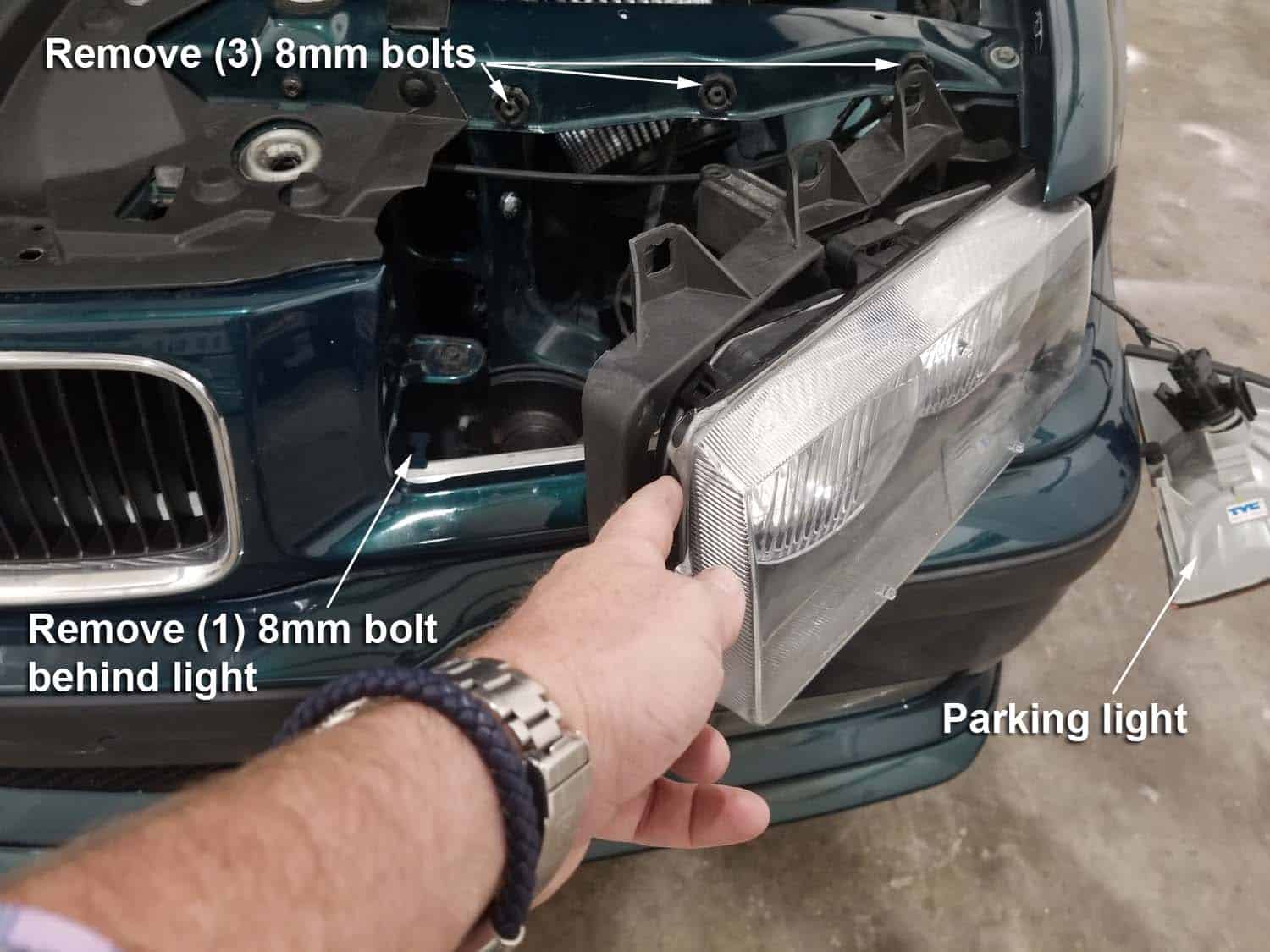 BMW E36 cold air intake - remove left headlight
