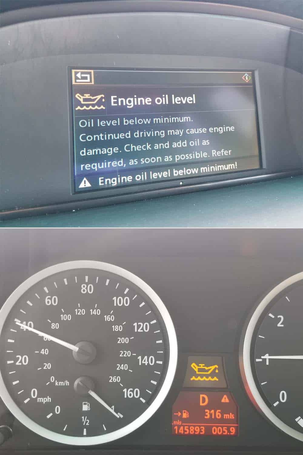 IDrive message and dashboard warning for low oil levels may be due to a faulty oil level sensor.