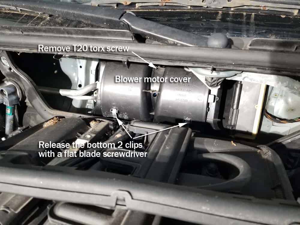 BMW E46 blower motor replacement - remove the blower motor cover bolts