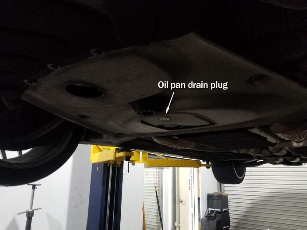 BMW E90 M3 Oil Change - locate the oil pan drain plug