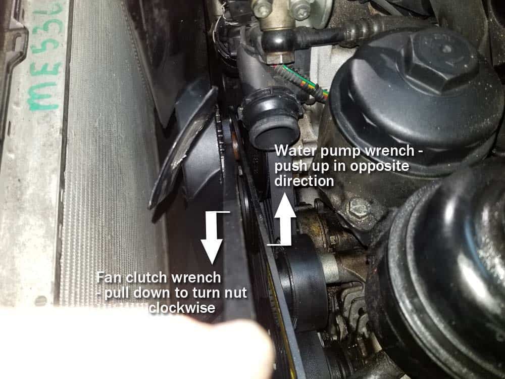 BMW E46 radiator - remember the fan clutch nut is a reverse thread. Turn it clockwise to loosen.