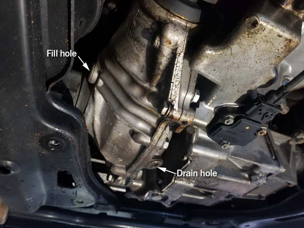 BMW E60 front differential service - locate the fill and drain plugs