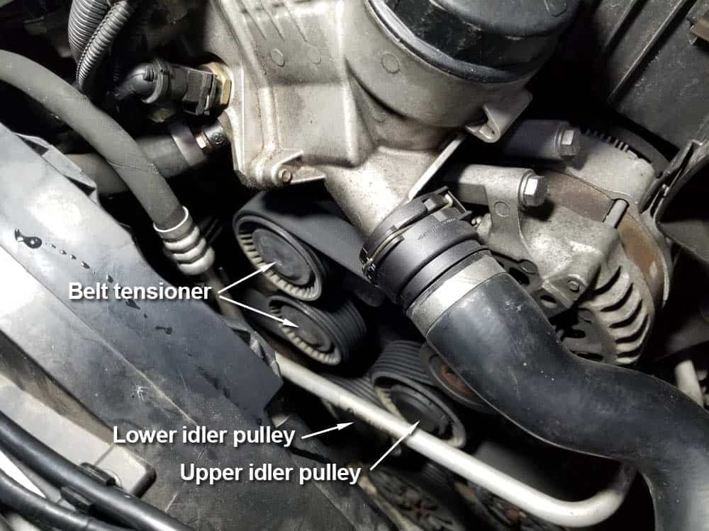 bmw n55 engine squeal - Identify the belt tensioner, idler pulleys and main accessory belt.