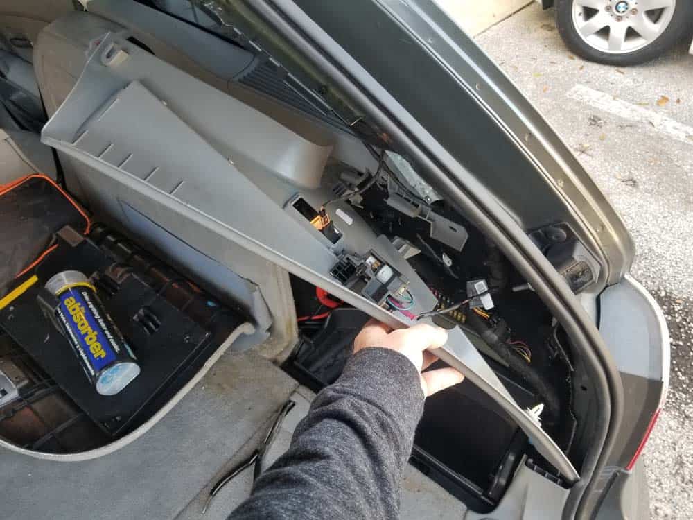 bmw e61 headliner removal - pull the D pillar trim loose from the vehicle